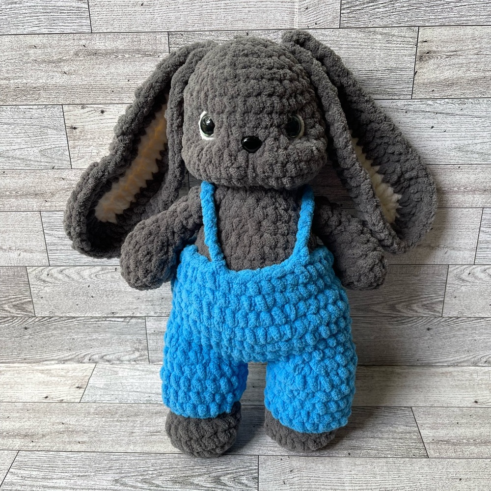 Gray Plush Bunny with Blue Overalls Handmade Crochet
